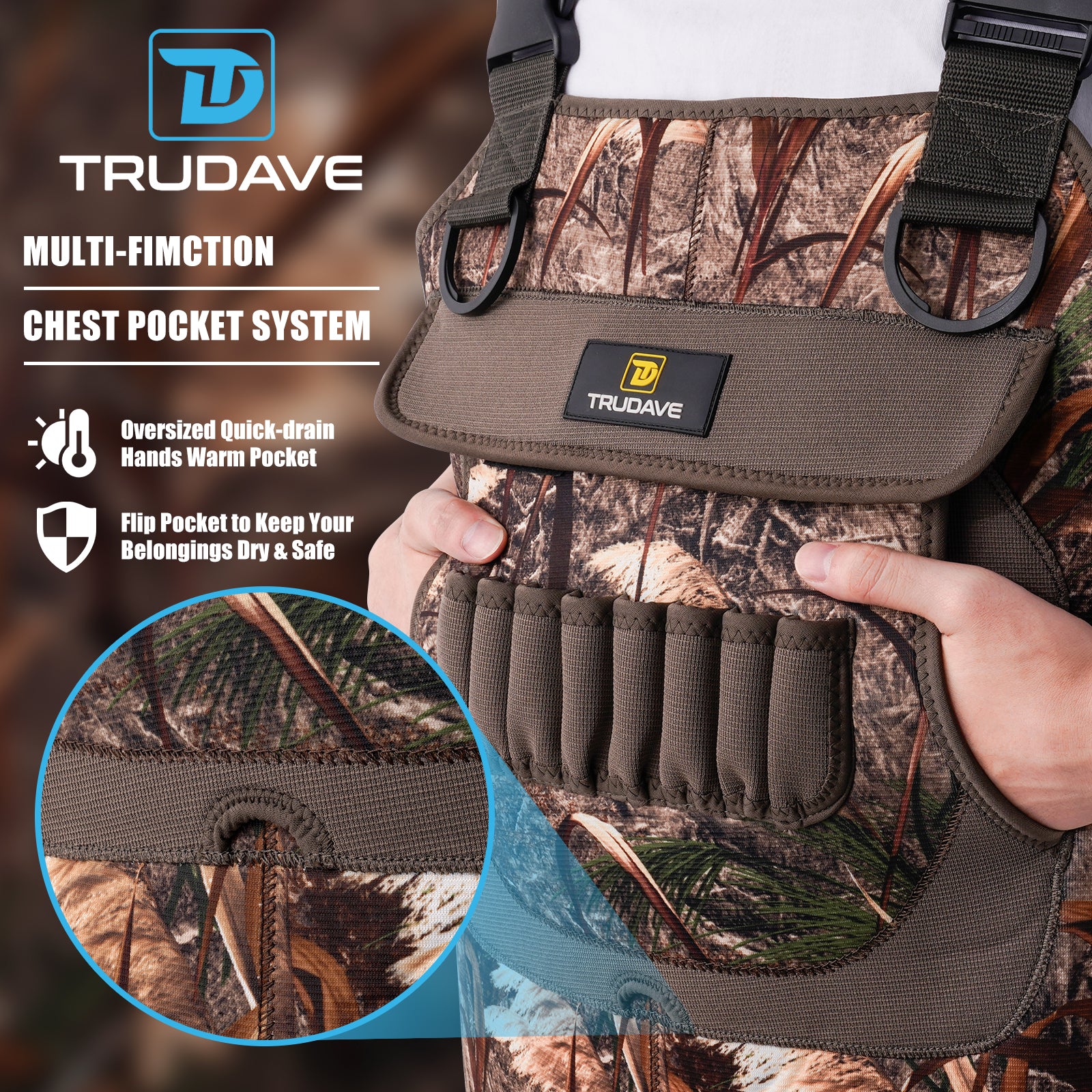 alt="Chest close-up of Trudave FrostTrail Series men’s waterproof neoprene hunting chest waders with boots in Real Reed camo showing multifunction chest pocket system with oversized quick-drain hand warmer pocket, flip pocket for dry storage, and adjustable buckle suspenders for duck hunting performance"